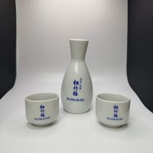 Sho Chiku Bai Sake Set Ceramic Carafe and 2 Cups Made in Japan White Blue